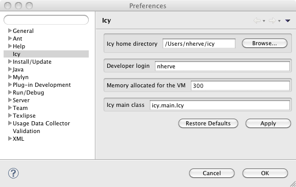 Icy4Eclipse : preferences